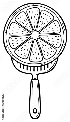 Hand drawn citrus squeezer with a lemon slice in a vintage woodcut line art style