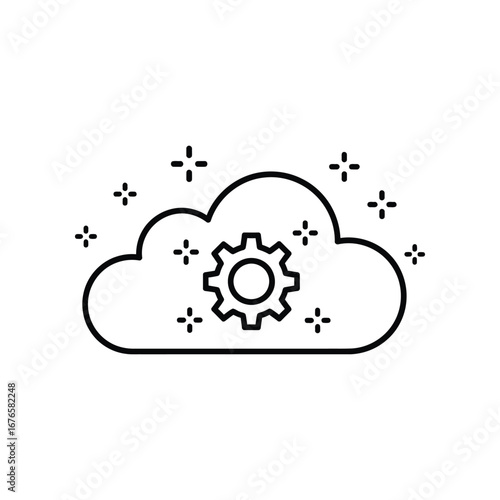 Cloud Innovation: A minimalist illustration showcases a stylized cloud merged with a cogwheel, signifying technological innovation, data management, and digital transformation.