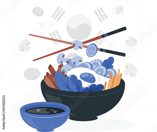 Vibrant korean food illustration with diverse ingredients
