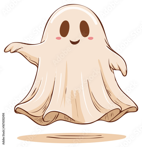 Adorable Cartoon Ghost Floating with Friendly Expression and Pink Cheeks