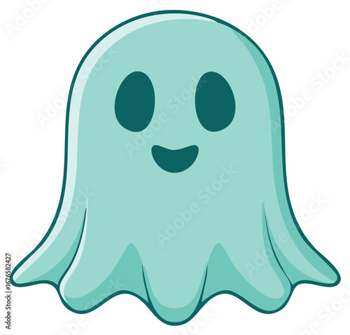 Cute teal cartoon ghost with big eyes and a friendly smile