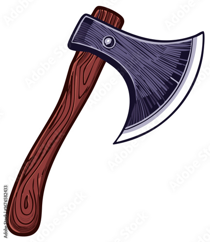 Illustration of a classic axe with a wooden handle and sharp metal blade