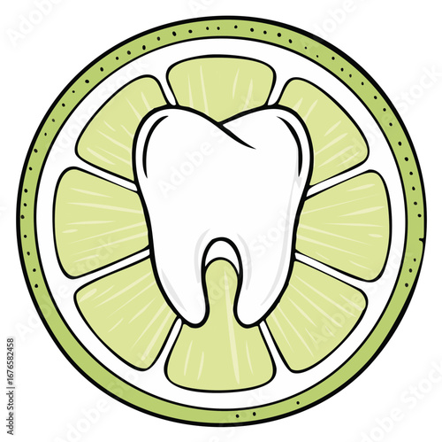 Tooth inside a citrus fruit slice shows teeth whitening or dental care concept