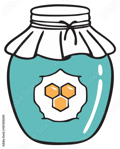 Cartoon style honey jar with fabric lid and honeycomb graphic, healthy food and sweet condiment, illustration.