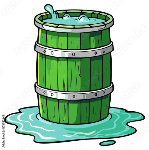 Vibrant green wooden barrel overflowing with water, creating a large puddle, cartoon style illustration.