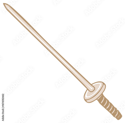Classic single edged sword with a rounded guard and ribbed handle