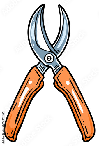Illustration of cartoon garden pruning shears with orange handles