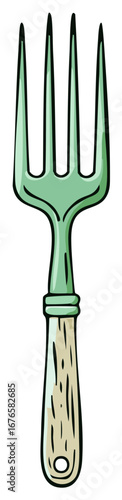 Green garden fork illustration with wooden handle for digging and planting