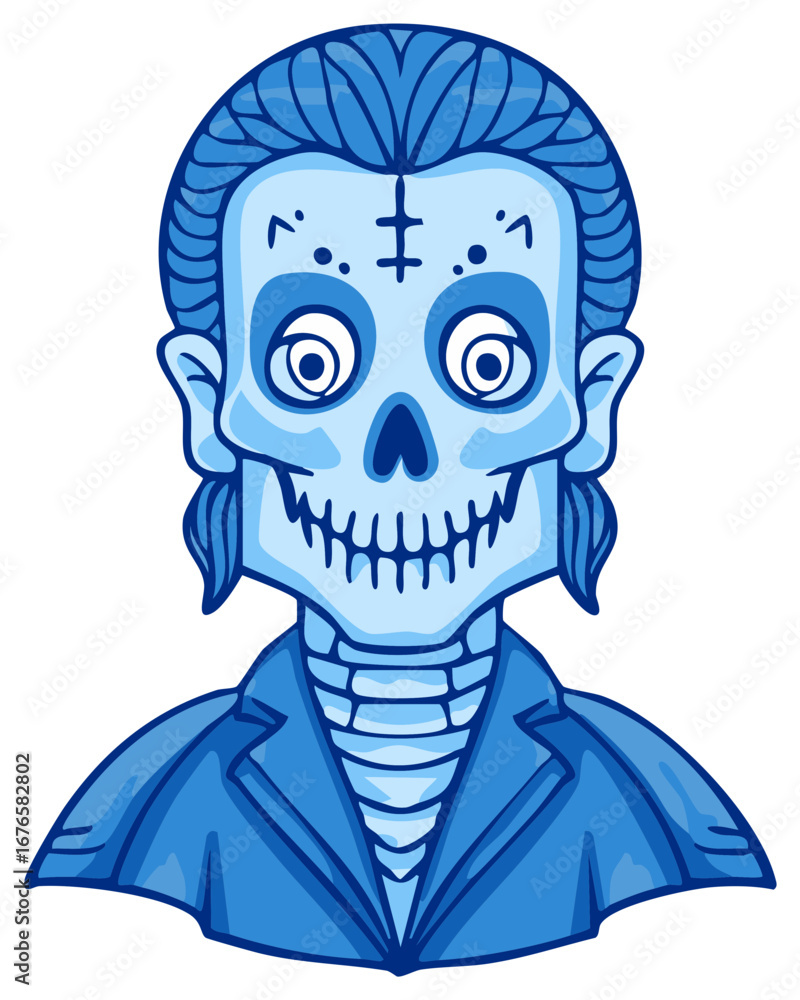 Fototapeta premium Cartoon skeleton figure in a blue suit and styled hair with Dia de los Muertos face paint