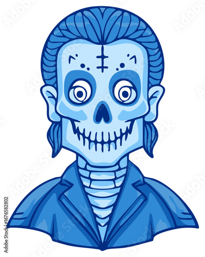 Cartoon skeleton figure in a blue suit and styled hair with Dia de los Muertos face paint