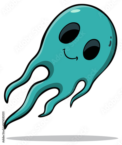 Cartoon turquoise ghost with friendly smile floating with tentacles for Halloween