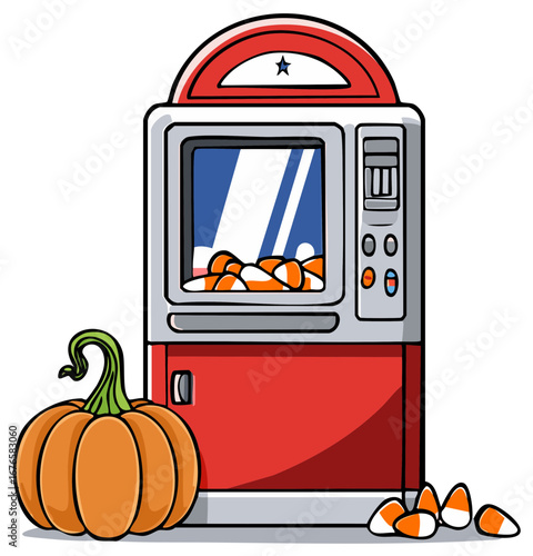 A festive autumn scene featuring a whimsical candy machine filled with Halloween sweet treats and a vibrant pumpkin