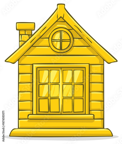 Bright golden house illustration with multi-pane window and chimney