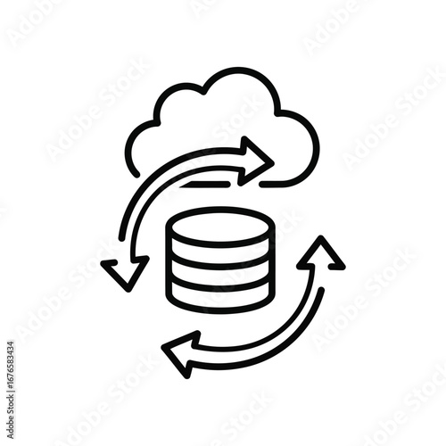Cloud Data Synchronization: A minimalist illustration showcases cloud data synchronization with a stack of data disks connected to a cloud via circular arrows.