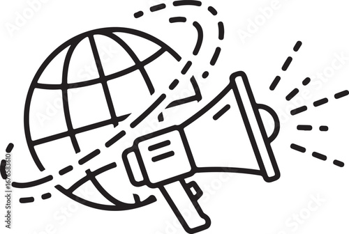 Global Megaphone Communication Icon with Dashed Lines Around Earth announcement broadcast
