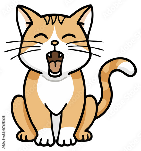 Cute cartoon ginger cat yawning widely with eyes closed and mouth open showing teeth and tongue