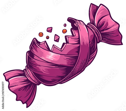 Broken wrapper reveals candy spilling outward in an illustrative style, creating visually captivating sugary explosion