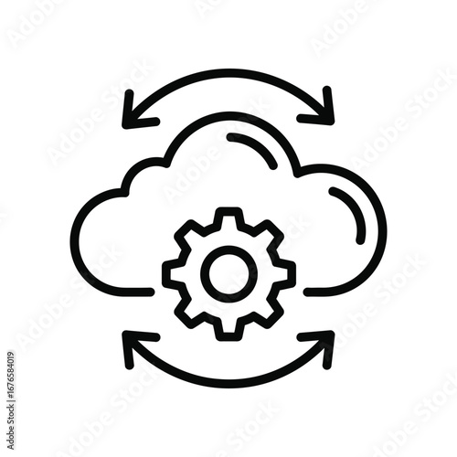 Cloud Computing Integration: Clean and minimalistic vector illustration of cloud integration with gears, and arrows indicating data flow, embodying the seamless synergy of technology.