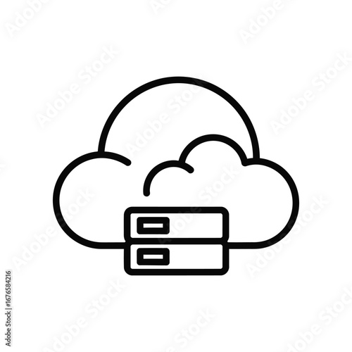 Cloud Server Icon: Simple outlined illustration of a cloud with a server, representing a digital data infrastructure.