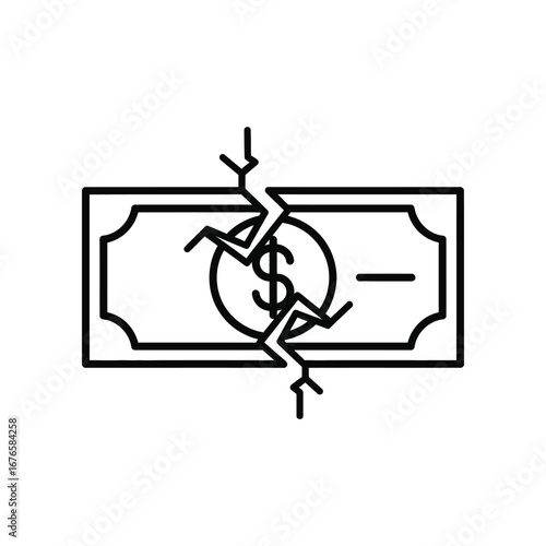 Financial Strain Symbol: A stark monochrome outline of a dollar bill, bisected by a prominent crack, symbolizes financial difficulties and economic struggles.