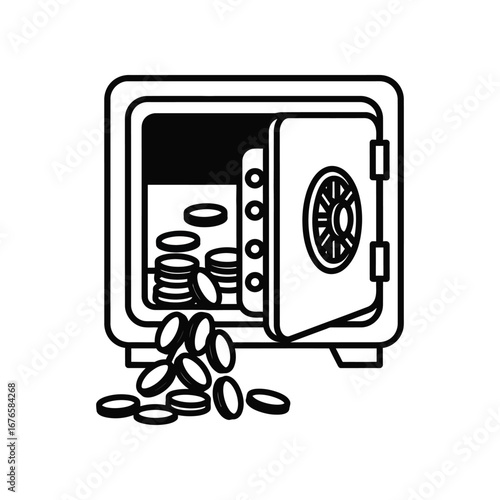 Safe and Sound: A detailed illustration showcasing a robust safe with its door ajar, revealing a trove of coins, suggesting security, financial stability, and wealth.