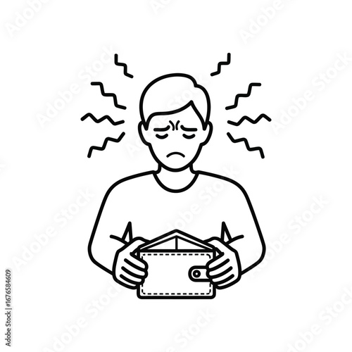 Financial Crisis: A sketched portrait of economic despair, illustrating a man staring dejectedly at an empty wallet, symbolizing financial insecurity and the burden of economic strain.