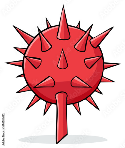 Graphic illustration of a bright red spiked ball with a handle, resembling a dangerous medieval mace