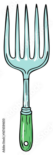 Hand-drawn gardening fork with light blue tines and green handle