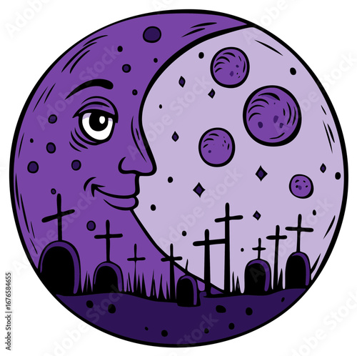 Halloween Moon Character Overlooking a Graveyard Scene with Silhouetted Tombs and Crosses