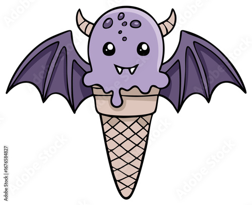 Cute purple bat ice cream cone character with wings and horns
