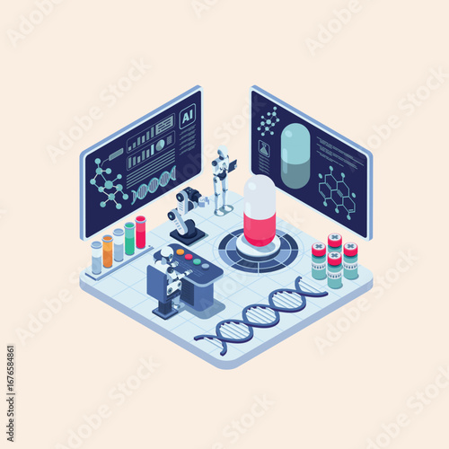 Advanced biotechnology concept with AI-driven pharmaceutical research, robotic lab automation, and genetic medicine development