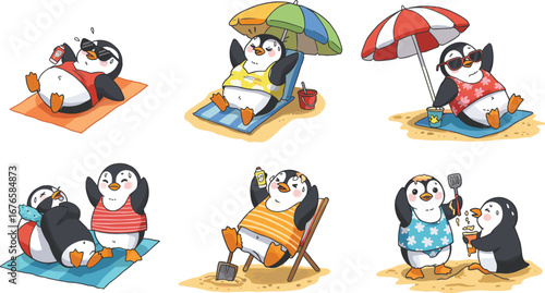 Cartoon penguins enjoying summer beach activities, grilling food, relaxing under umbrellas, wearing swimsuits, playful vacation scenes, tropical holiday illustration set