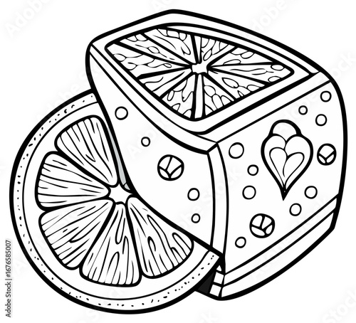 Abstract Citrus Slice and Geometric Fruit Fragment Black and White Illustration