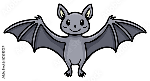 Cute cartoon gray bat with open wings smiling cheerfully