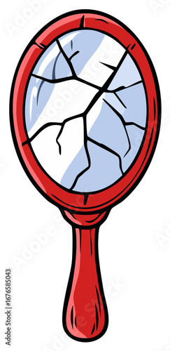 Cartoon illustration of a broken red oval hand mirror with shattered glass