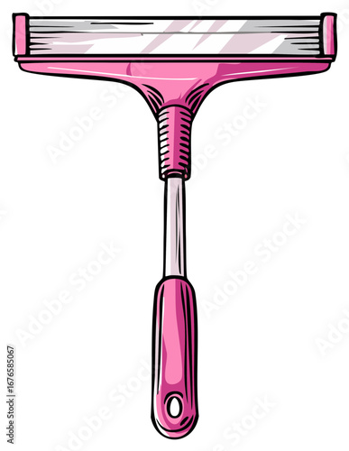 Vibrant pink cleaning squeegee cartoon illustration for household window washing and bathroom maintenance vector graphic