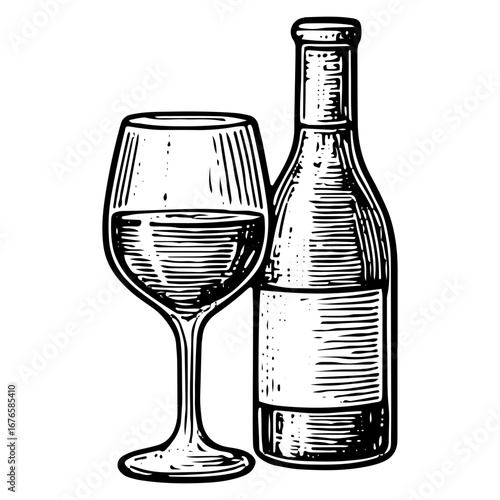 Wine Glass with Bottle for Cocktail Bar Illustration Set