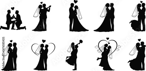 Wedding couple silhouettes, bride and groom illustration, romantic love, marriage ceremony, proposal, kiss, dance, celebration, vector design, romance