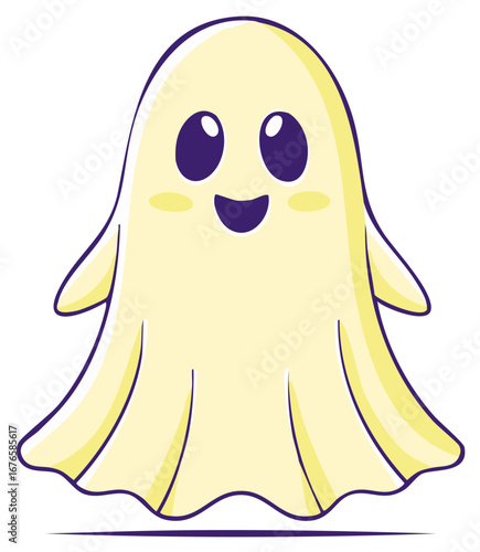 Cute friendly cartoon ghost with big eyes and happy smile for Halloween