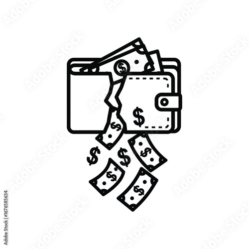 Wallet with Money Falling Out: A bold graphic, showcasing the financial concept of spending, depicted with a wallet and paper currency, conveys the notion of depletion, loss, or careless expenditure.