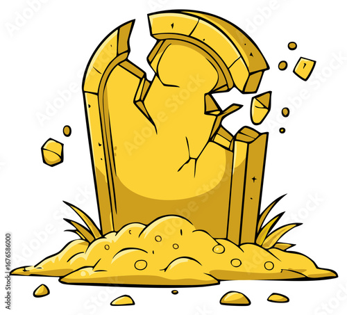 Broken Golden Tombstone With Loose Rocks and Grass Against White Background