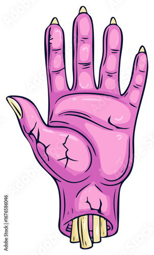 Grotesque Pink Zombie Hand with Cracked Skin and Exposed Bones