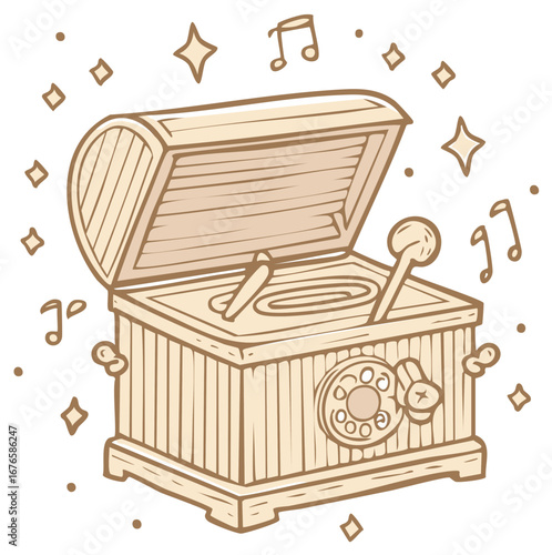 Charming Retro Music Player Shaped Like a Treasure Chest with Melodic Notes