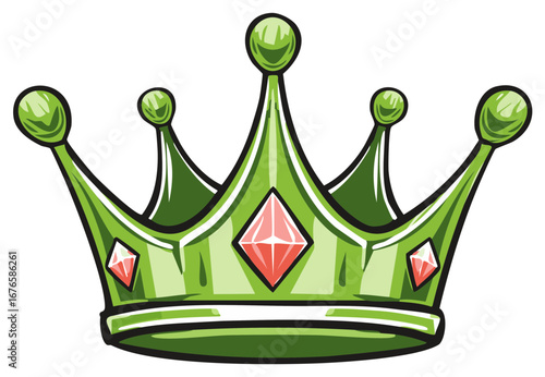 Stylized green crown with pink gemstones, vector illustration.