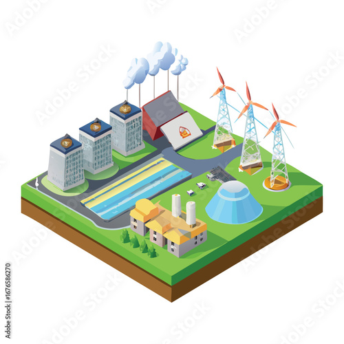 Isometric Power Plants & Renewable Energy Sources Illustration"