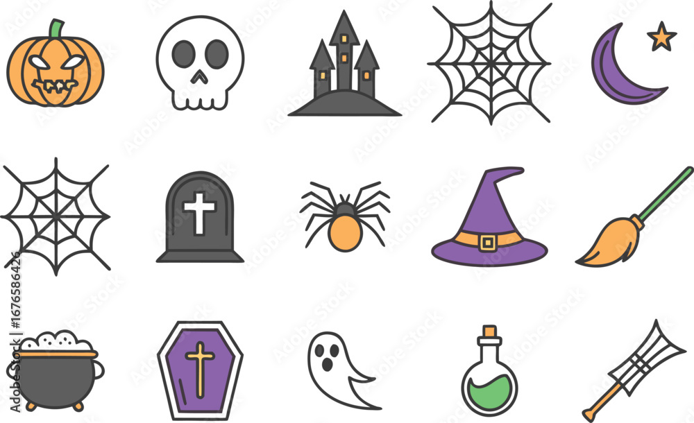 Fototapeta premium Halloween Icons Illustration Set. Spooky Halloween Graphic Elements. Halloween Celebration Icon Collection. Halloween Symbols and Elements. Creepy Halloween Icons Design. Festive Halloween Icon Art