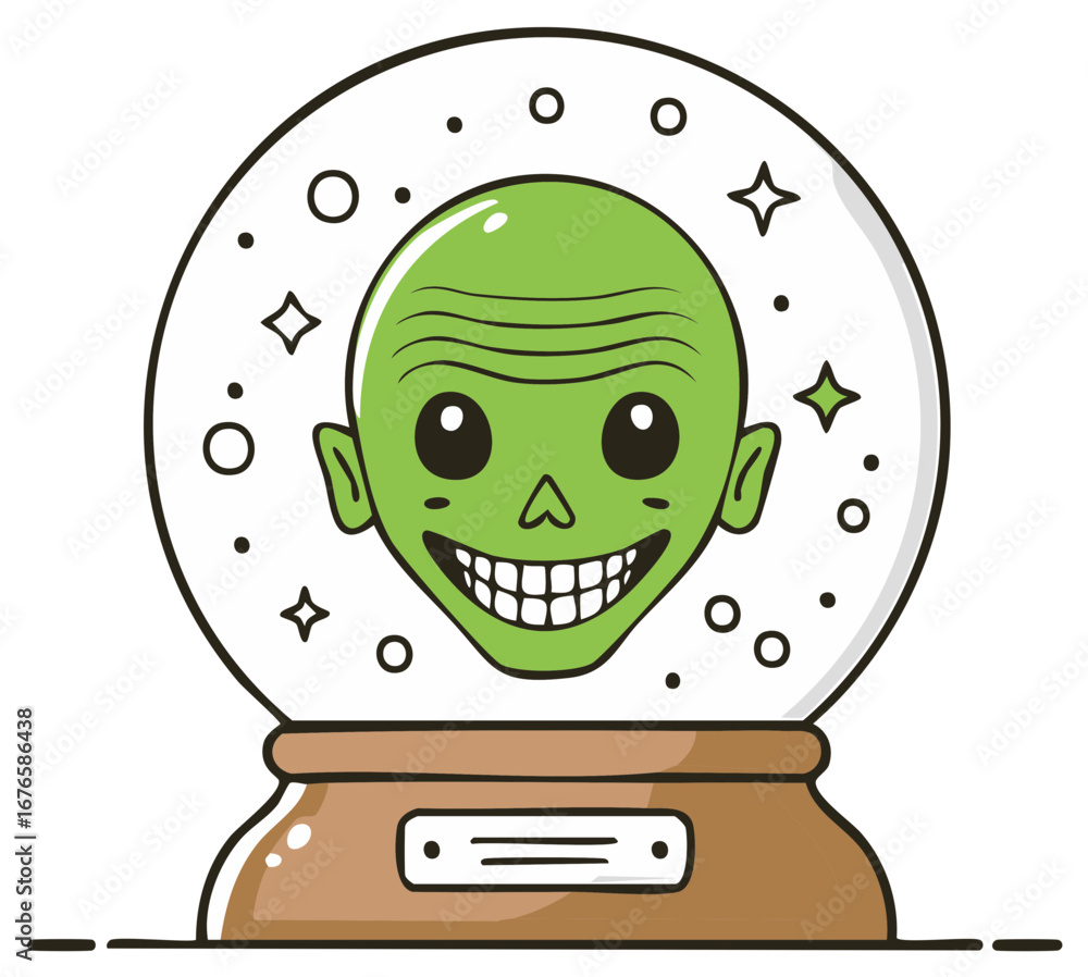 Naklejka premium Smiling cartoon alien head inside a snow globe with cute sparkles and details