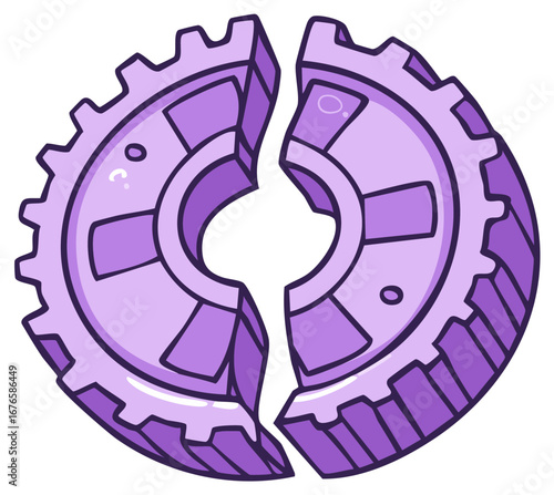 Cartoon purple cogwheel fractured into two separate halves illustration