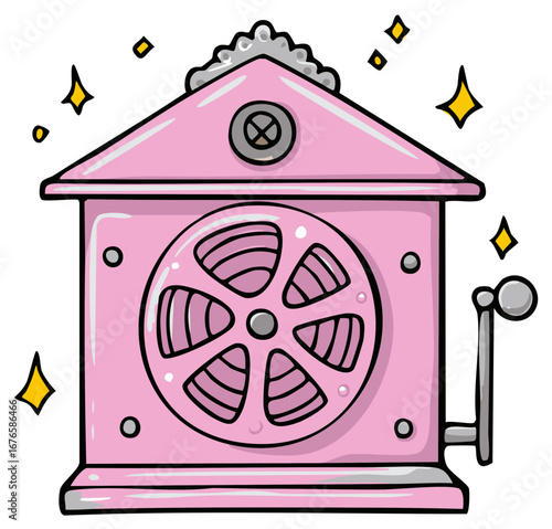 Cartoon pink crank operated movie projector with glittery stars hand drawn illustration