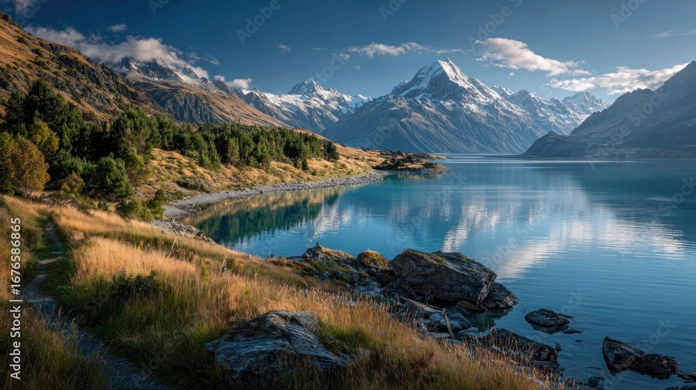 Obraz premium Scenic mountain reflection over tranquil lake new zealand nature photography serene environment wide angle landscape beauty